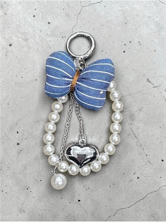 Accessories - Pearl & Dark Blue Denim Striped Bow Heart Keychain